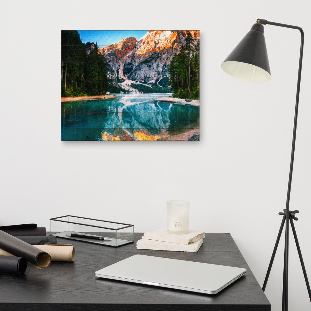 Faux Wood Misty Lake and Snow-cap Mountain Reflections Canvas Prints, 16" X 20"