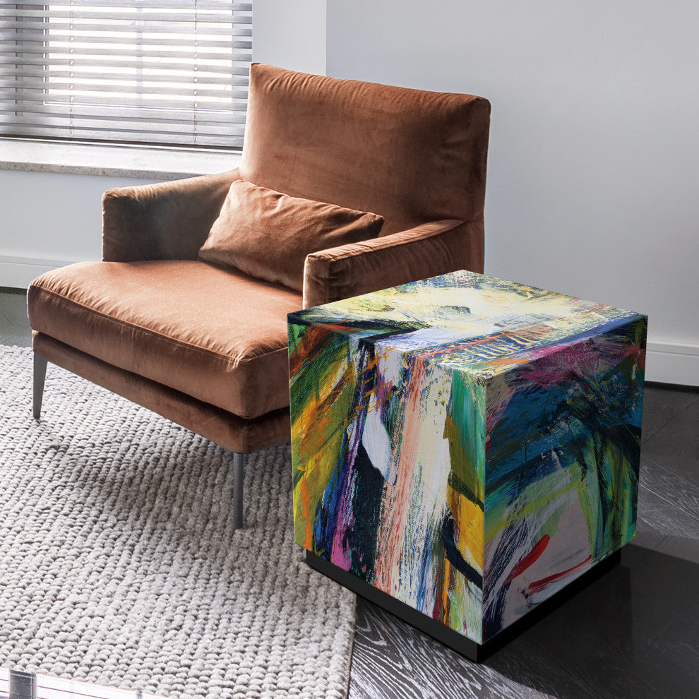 "Graffiti Rock Star"Printed Art Glass Side Table with Black Plinth Base Set of 2