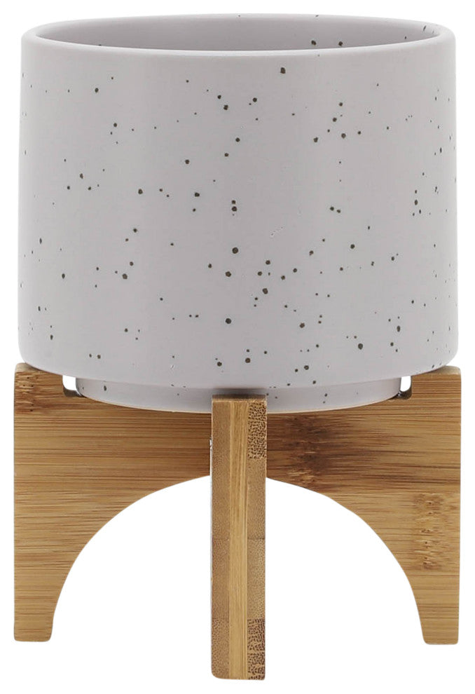 5" Planter With Wood Stand, Matte Beige