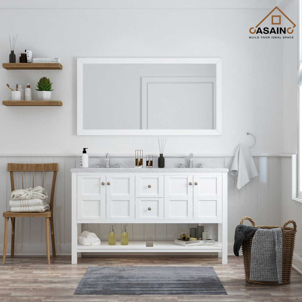 CASAINC 60" Marble Top Luxury Double Sink Bathroom Vanity, White