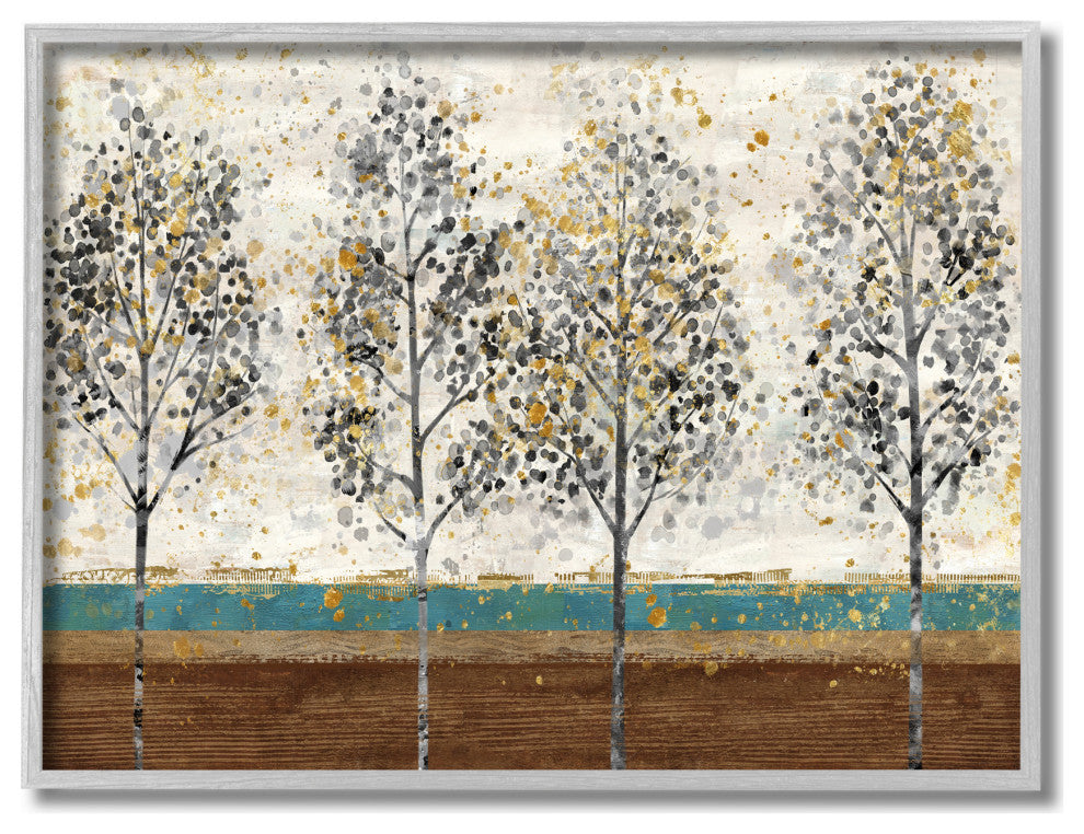 Tree Line Abstract Gold Blue Landscape Painting, 16"x20", Gray Frame