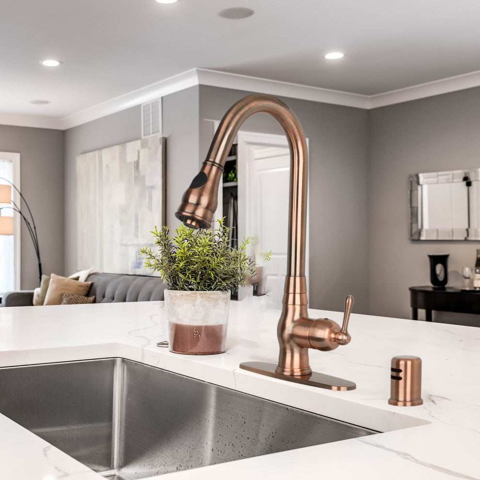 Pull Down Kitchen Faucet With Deck Plate, Single Level Solid Brass Sink Faucets,
