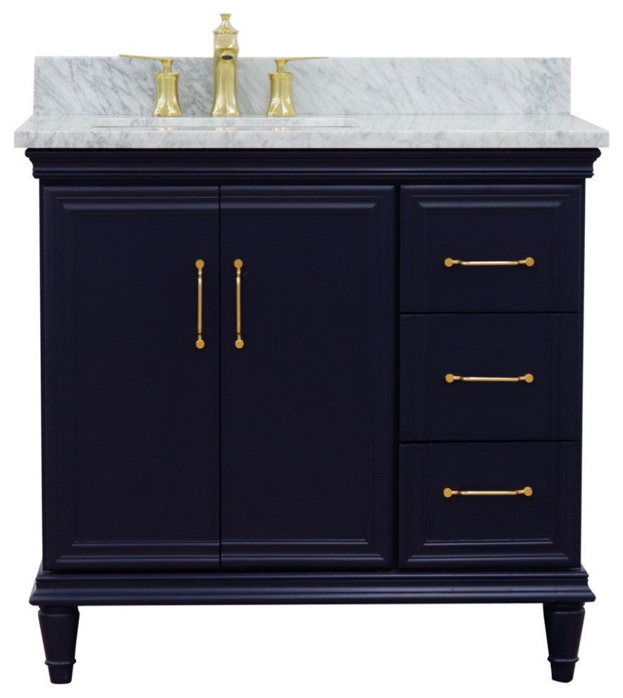 37" Single Vanity, Blue Finish With White Carrara