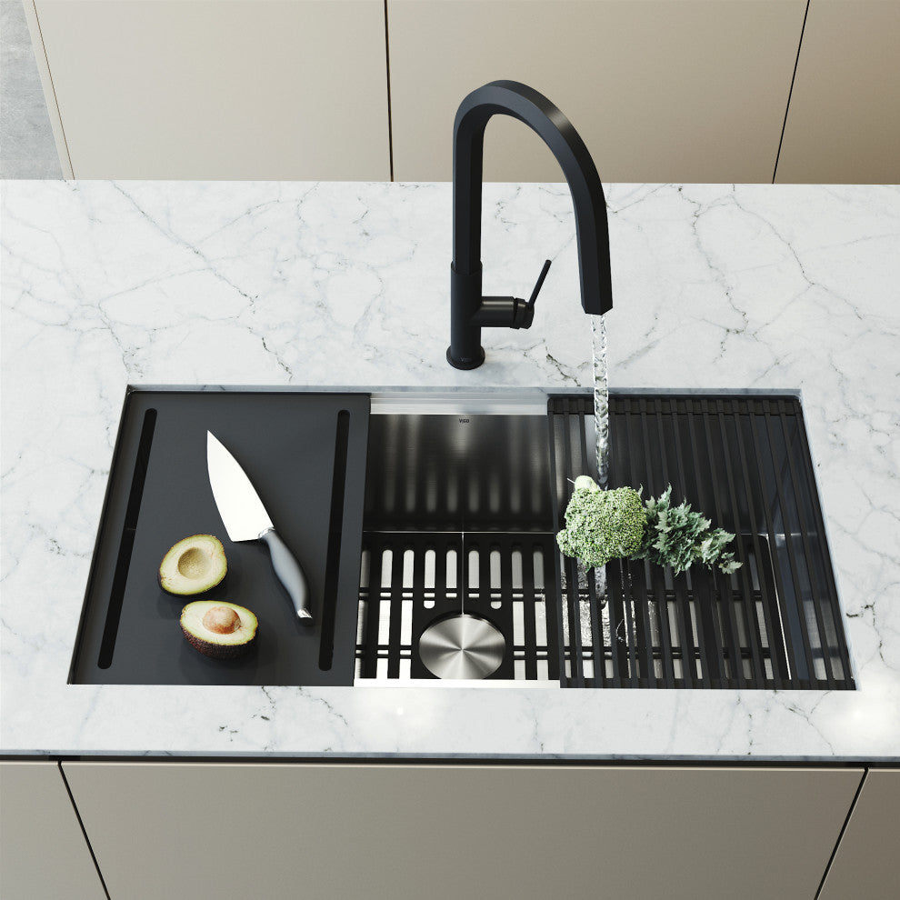 Mercer Single Bowl Stainless Steel Undermount Kitchen Sink with Accessories, 36" L X 20" W, Workstation