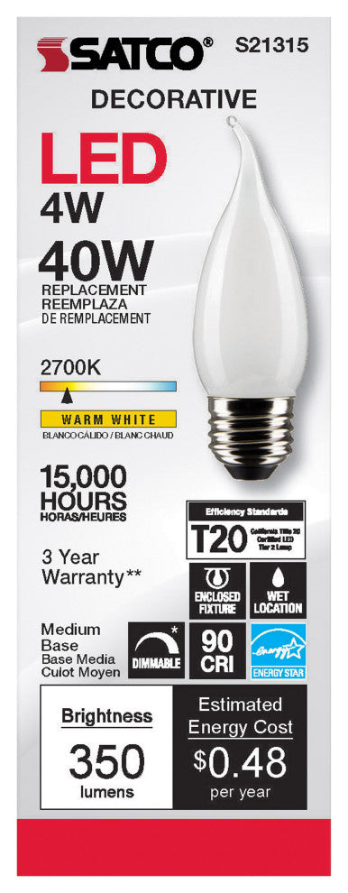 4W CA10 LED, Frost, Medium Base, 90 CRI, 2700K, 120V