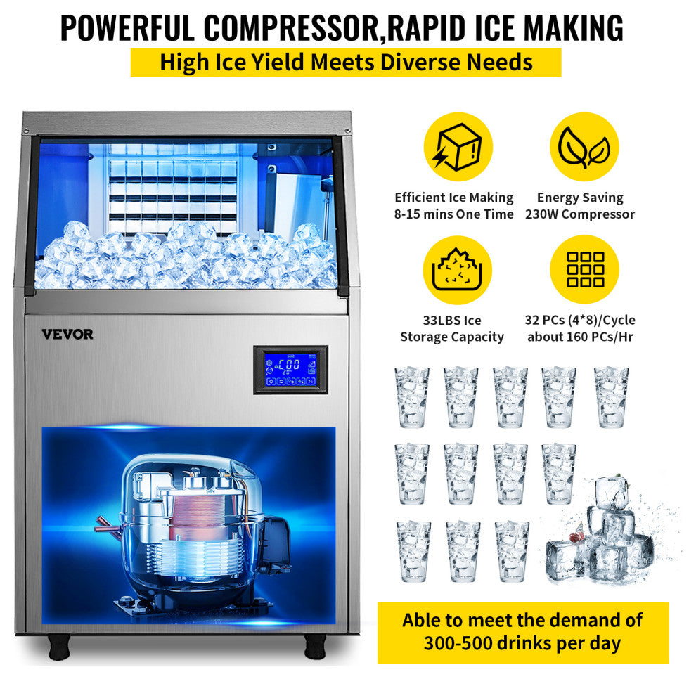 110V Ice Maker with Water Drain Pump Auto Clean Ice Machine , 88lbs/24h