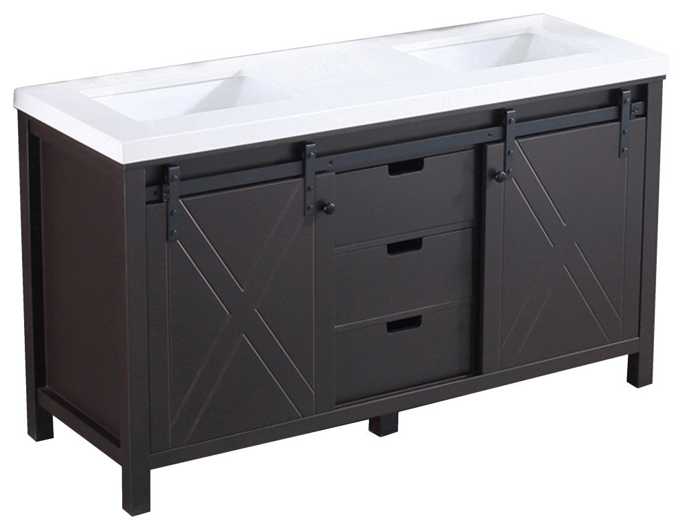 Marsyas 60" Brown Double Vintage Bathroom Vanity Cabinet Quartz Top Square Sinks