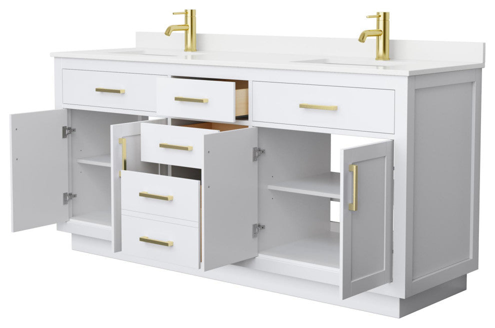 Beckett TK 72" White Double Vanity, White Quartz Top, 1-Hole, Gold Trim