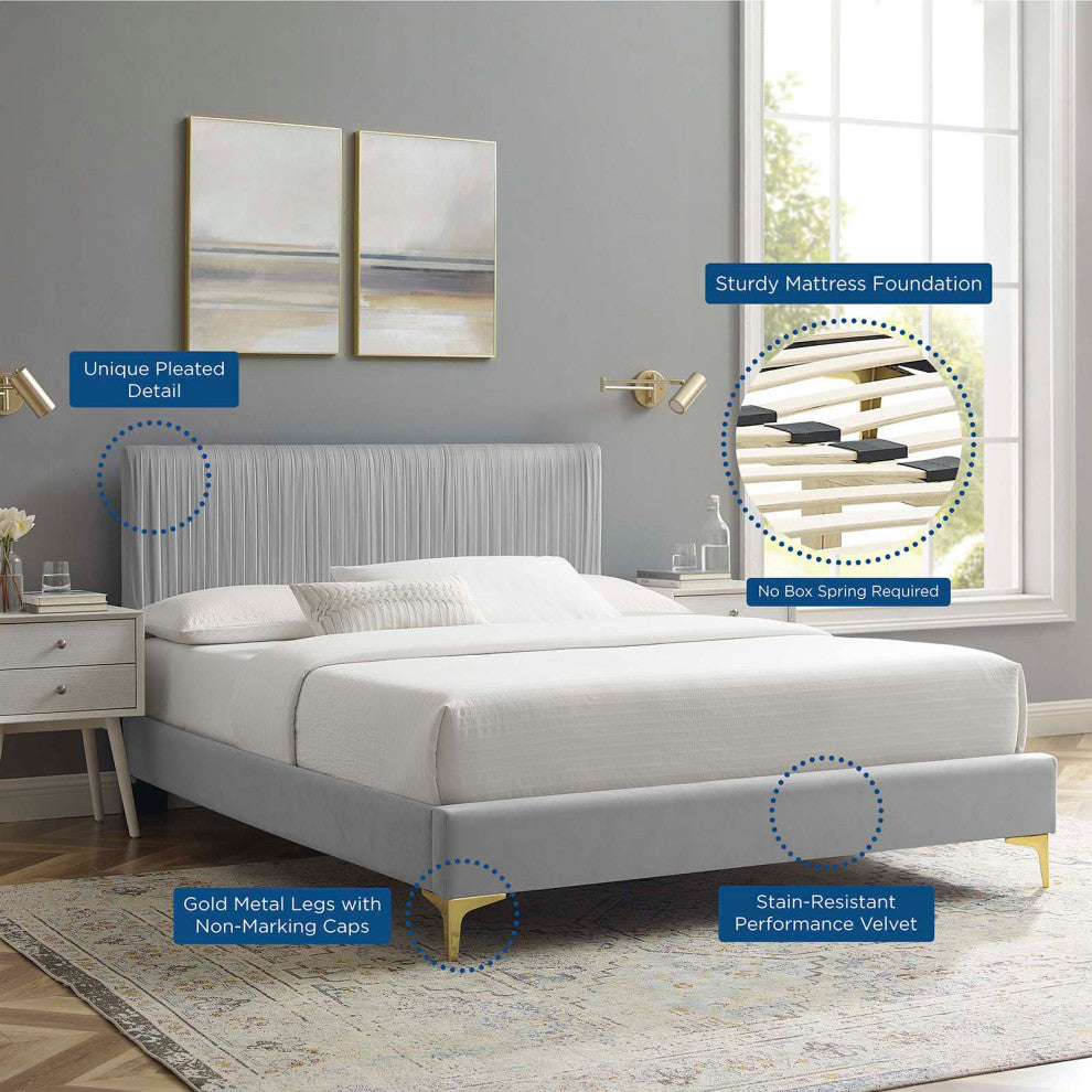 Platform Bed Frame, Queen Size, Velvet, Light Gray, Modern Contemporary