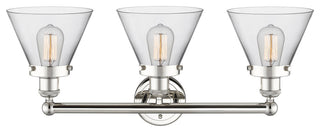 Edison Large Cone 3-Light 26" Vanity Light, Polished Nickel Finish, Clear Shade