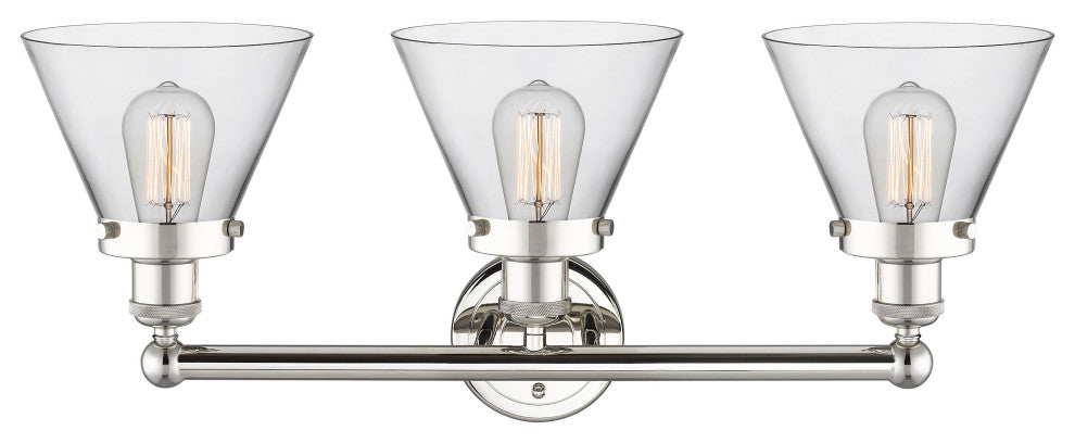 Edison Large Cone 3-Light 26" Vanity Light, Polished Nickel Finish, Clear Shade