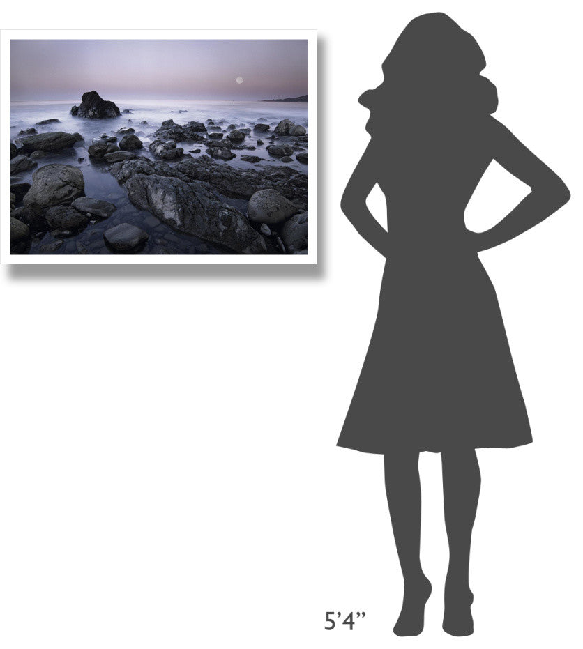 "Full moon over boulders at El Pescador State Beach, Malibu" Paper Art, 34"x26"