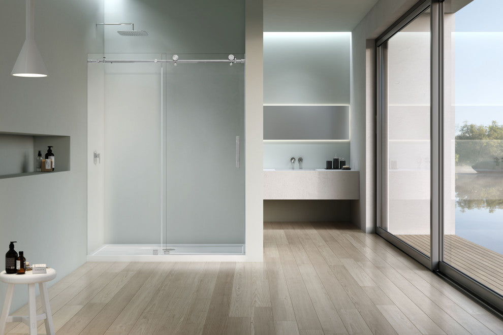 56"“60"Wx76" Frameless Sliding Shower Door With Clear Glass, Chrome