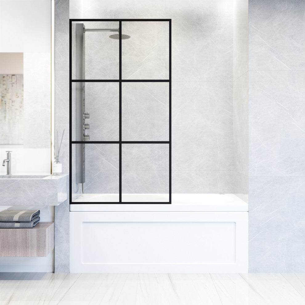 VIGO Ventana 34" W x 62" H Framed Fixed Tub Screen in Matte Black, Clear Glass