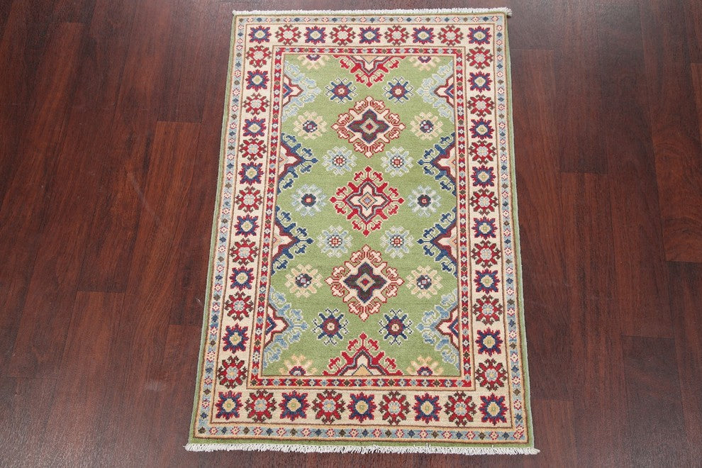 Hand-Knotted Pakistani Kazak Traditional Oriental Area Rug, Green, 4'1"X2'8"
