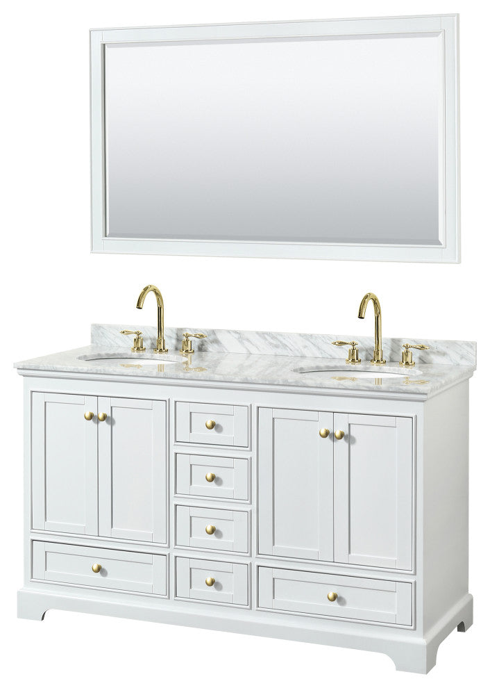 60"DBL Bath Vanity White, Carrara Countertop, Sinks, Gold Trim, 58" Mirror