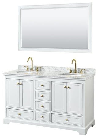 60"DBL Bath Vanity White, Carrara Countertop, Sinks, Gold Trim, 58" Mirror