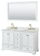 60"DBL Bath Vanity White, Carrara Countertop, Sinks, Gold Trim, 58" Mirror