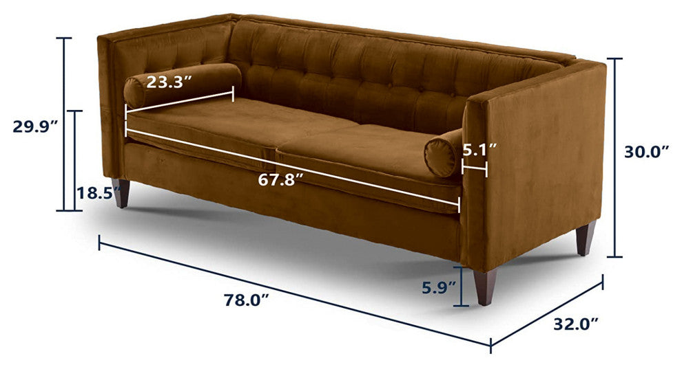 Ginger Velvet Upholstered Sofa With Bolster Pillows