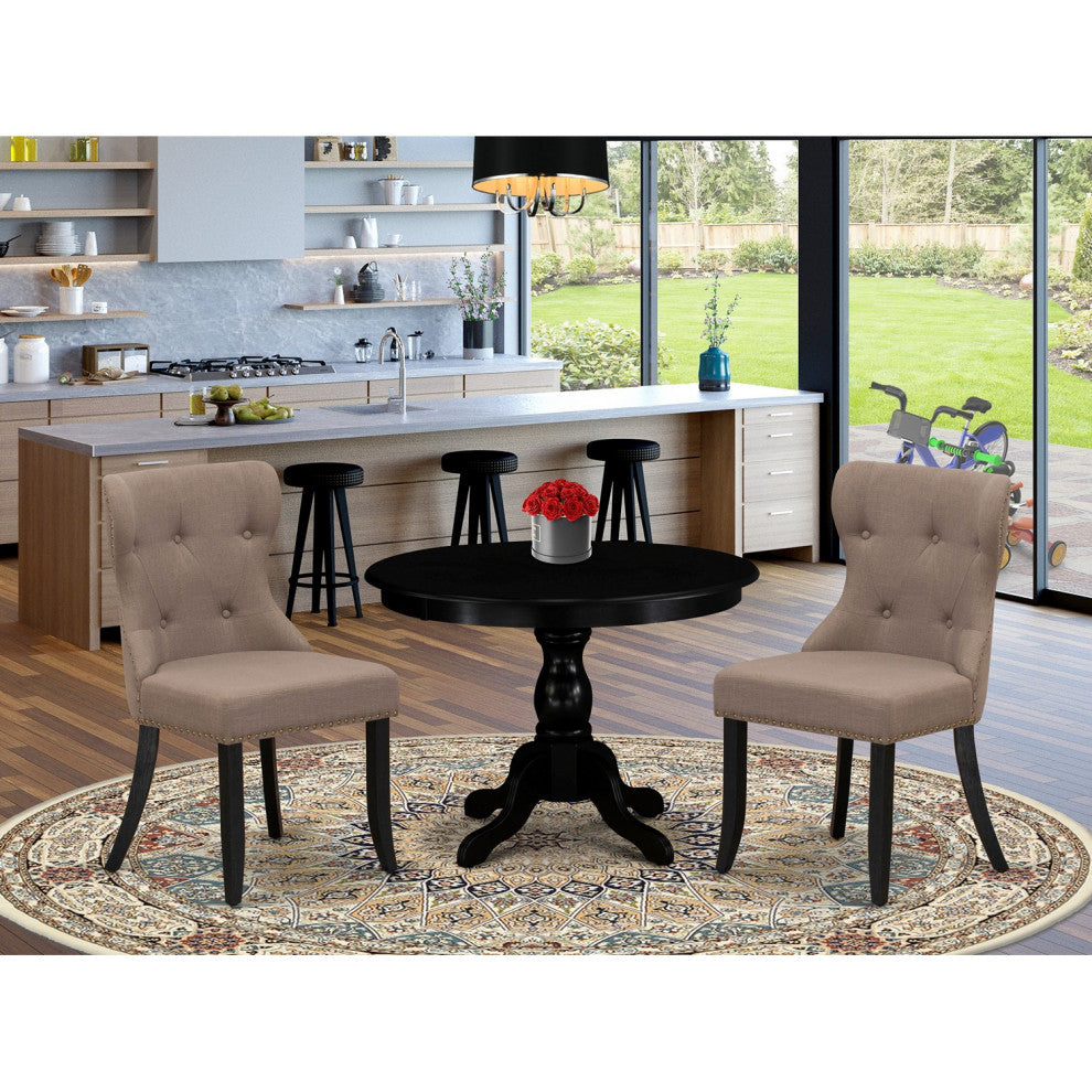 3Pc Dining Set, Black Wood Table, 2 Coffee Chairs, Wire Brushed Black