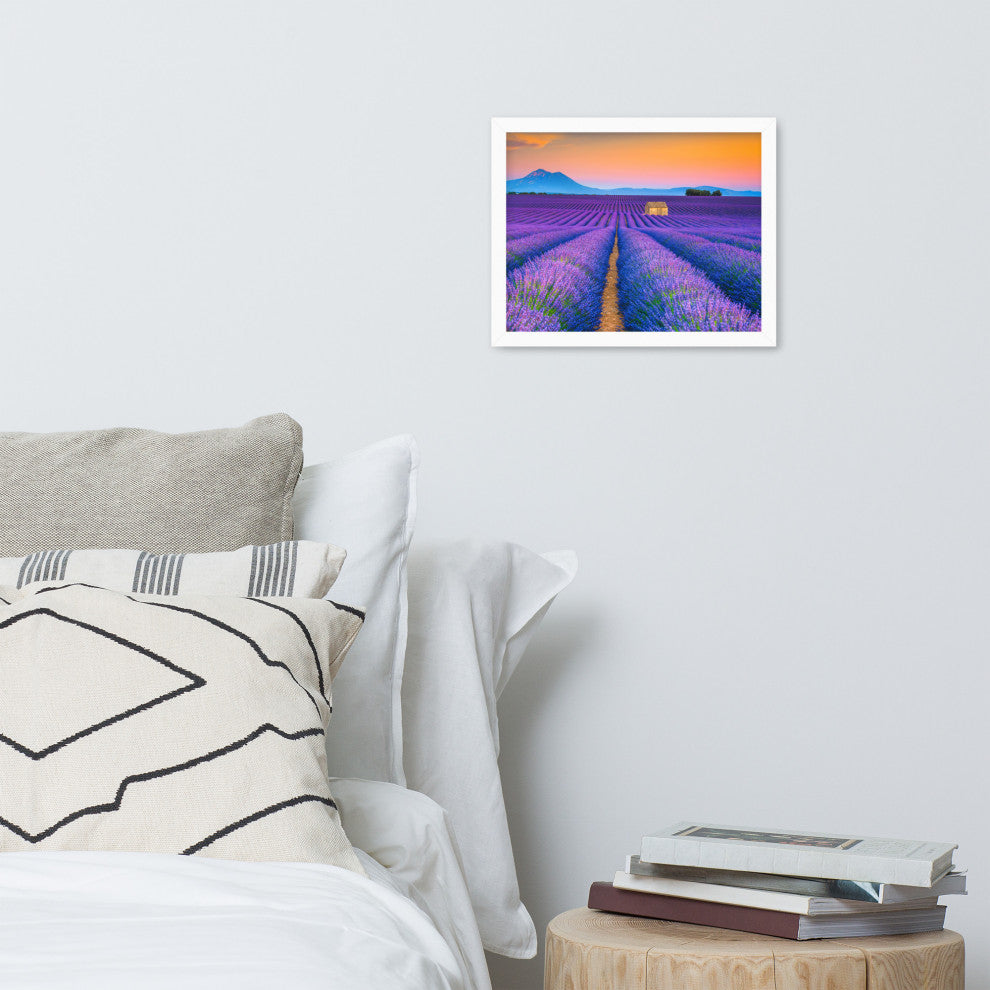Blooming Lavender Field and Sunset Floral Landscape Framed Photo Wall Art Prints, White, 11" X 14"