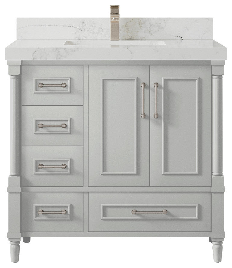 Aberdeen 36 Center Sink Bath Vanity in Coventry Gray 2" Calacatta Nuvo
