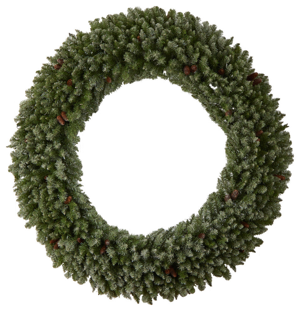 6' Giant Flocked Faux Xmas Wreath W/Pinecones, Clear Lights & Bendable Branches