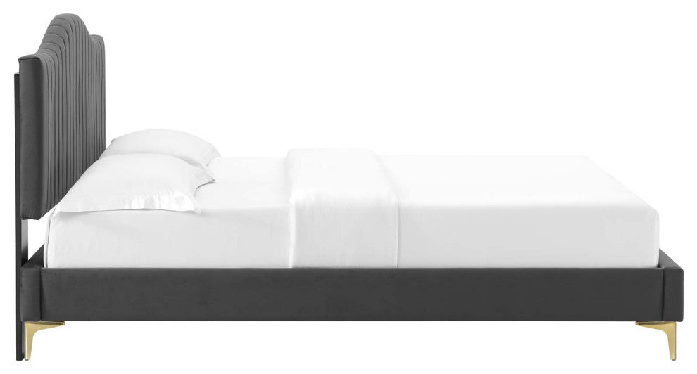 Tufted Platform Bed Frame, Full Size, Velvet, Gray, Modern Contemporary