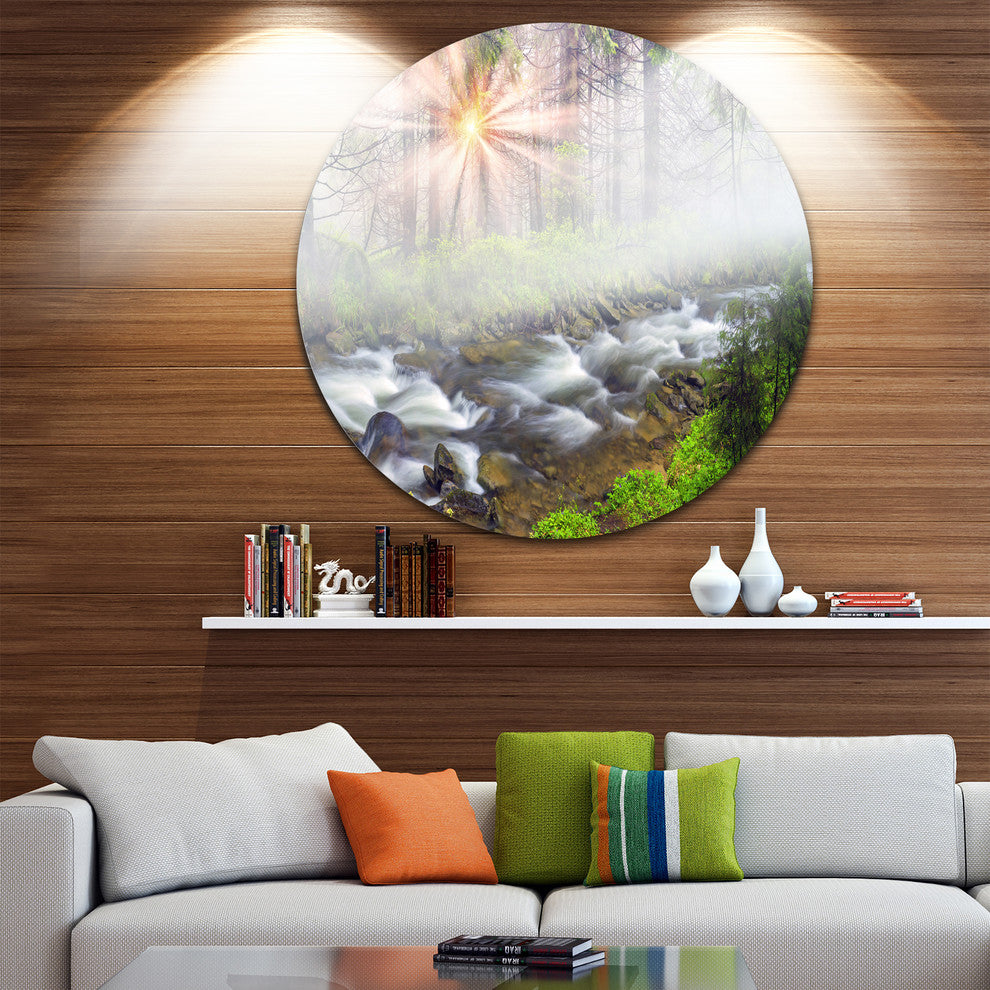 Foggy Carpathian With Sunlight, Landscape Photo Disc Metal Artwork, 38"