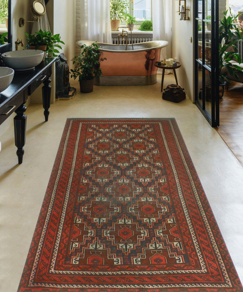 Vintage Distressed Andre Navy/Burgundy Runner, 4'2x7'9