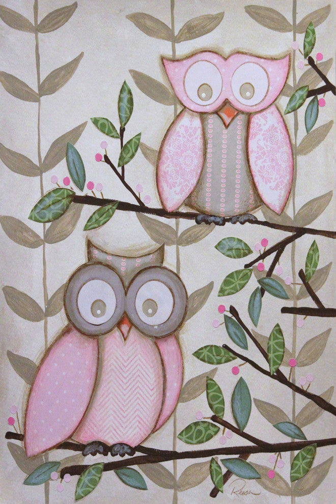 Marmont Hill, "2 Pink Owls" by Reesa Qualia Painting on Wrapped Canvas, 24x36