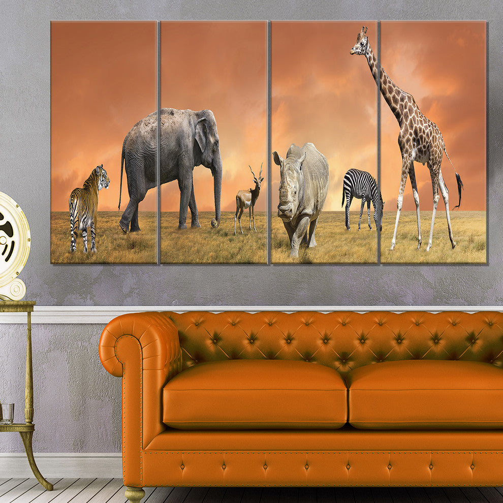Savannah Wildlife Panorama, African Canvas Art Print, 48"x28", 4 Panels