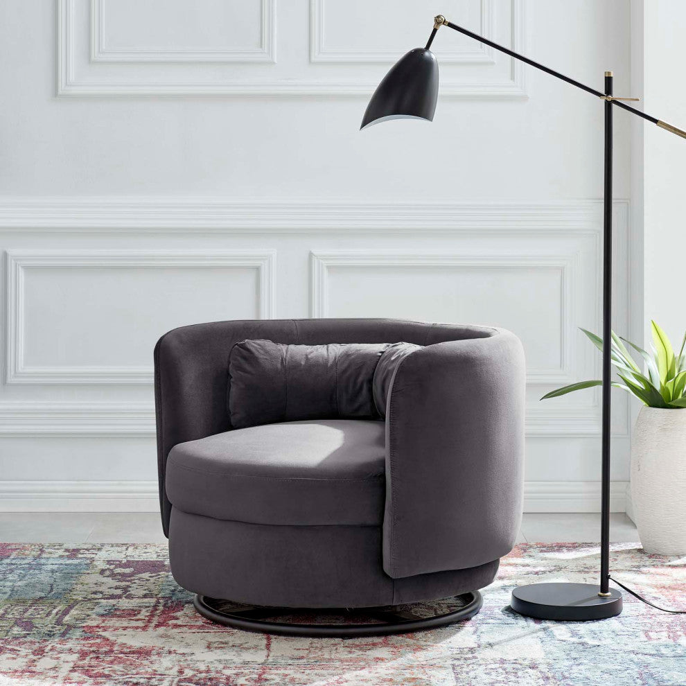 Armchair Swivel Accent Chair, Black Gray, Velvet, Modern, Cafe Hospitality
