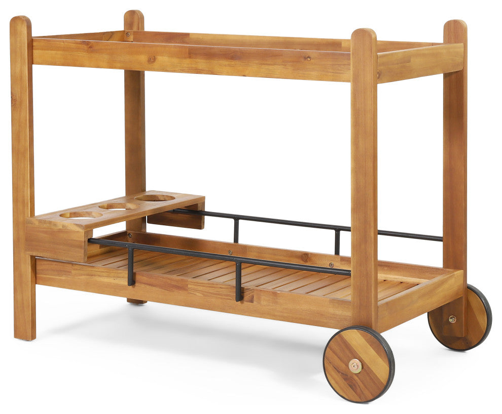 Bonneau Outdoor Acacia Wood 2 Tiered Bar Cart With Bottle Holders