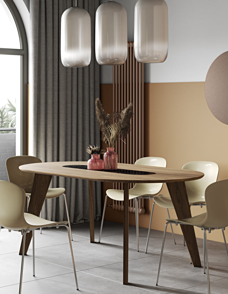 Modern Walnut Dining Table, Walnut and Black, Angled Leg