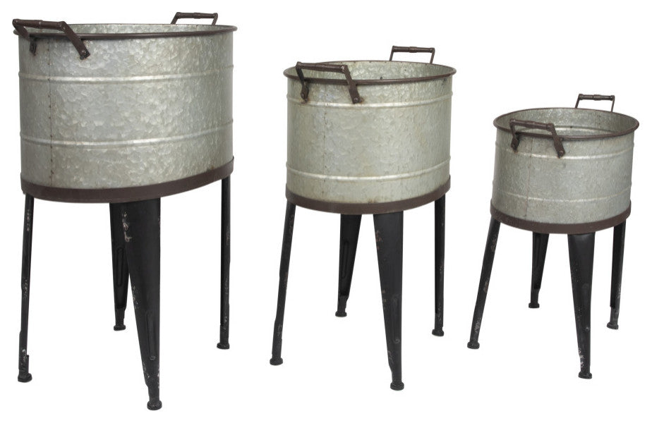Silver Metal Buckets/Planters with Handles on Stand (Set of 3 Sizes)