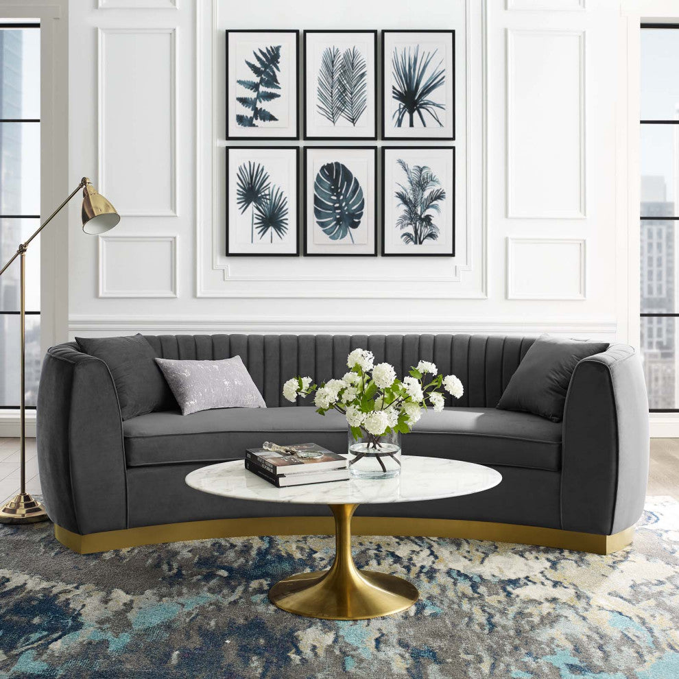 Modern Designer Lounge Lobby Sofa, Velvet Fabric Metal Steel, Grey Gray