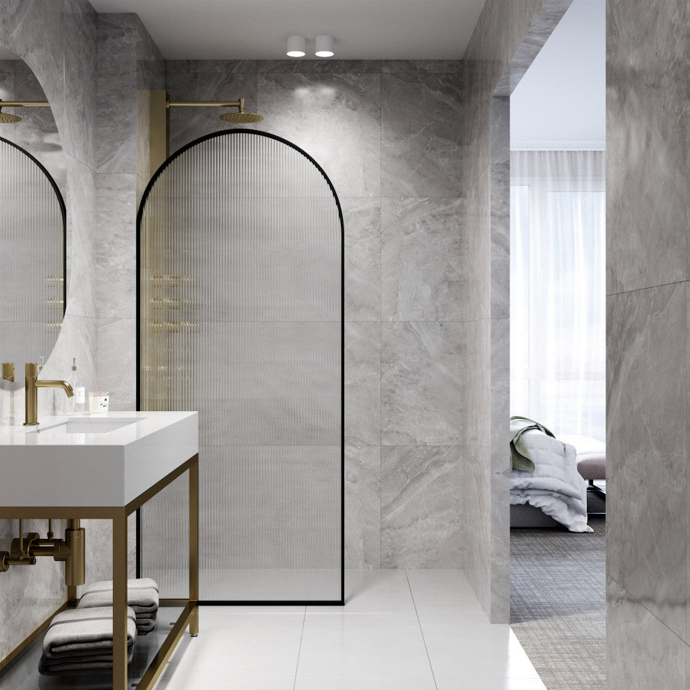 VIGO Arden 34" W x 78" H Framed Fixed Shower Screen, Matte Black, Fluted Glass