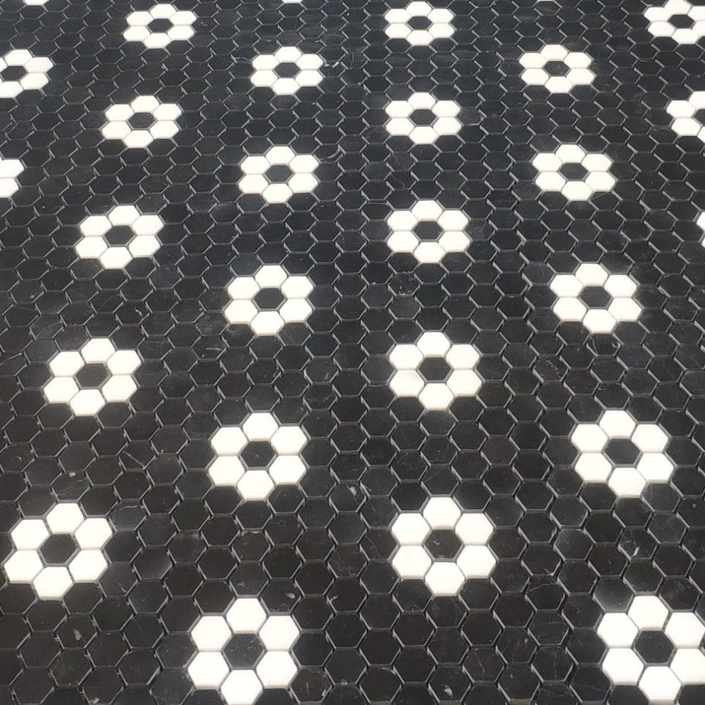 Nero Marquina & Thassos White Marble Rosette 1" Hexagon Tile Polished, 1 sheet