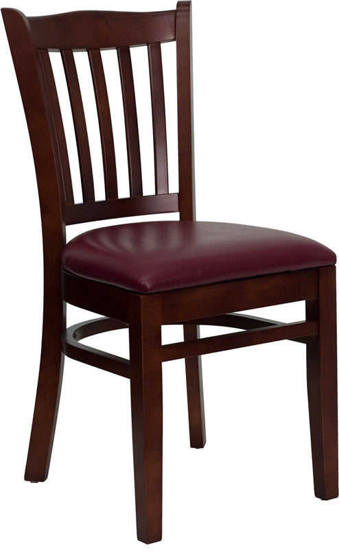 Vertical Slat Back Mahogany Wood Restaurant Chair, Burgundy Vinyl Seat