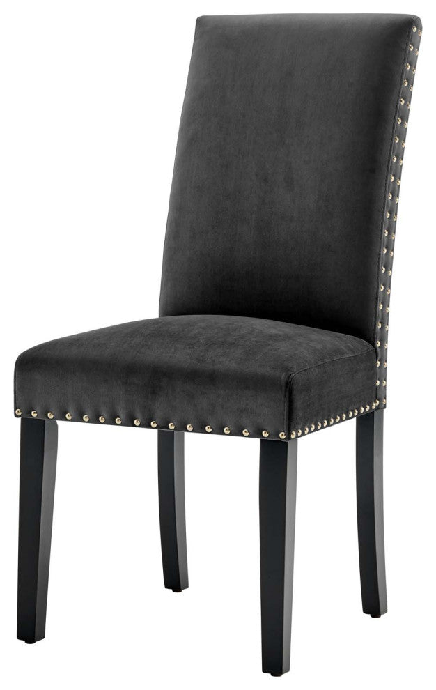 Side Dining Chair, Set of 2, Velvet, Wood, Dark Gray, Modern, Cafe Bistro