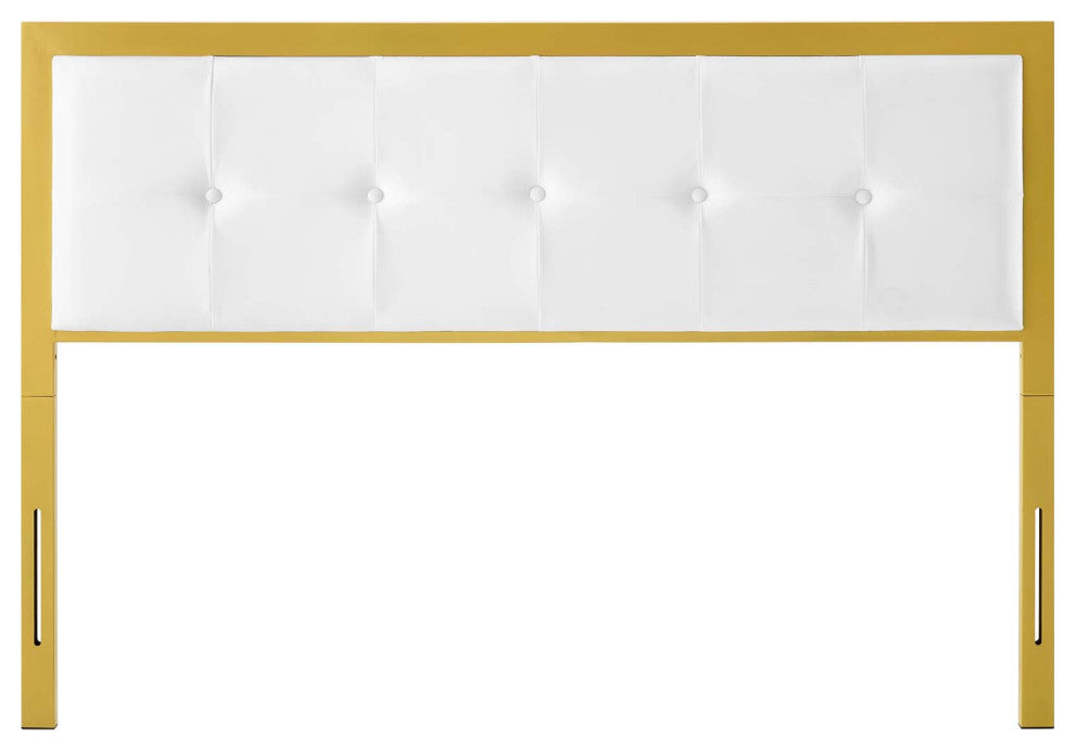 Tufted Headboard, King Size, Velvet, Metal, Gold White, Modern Contemporary
