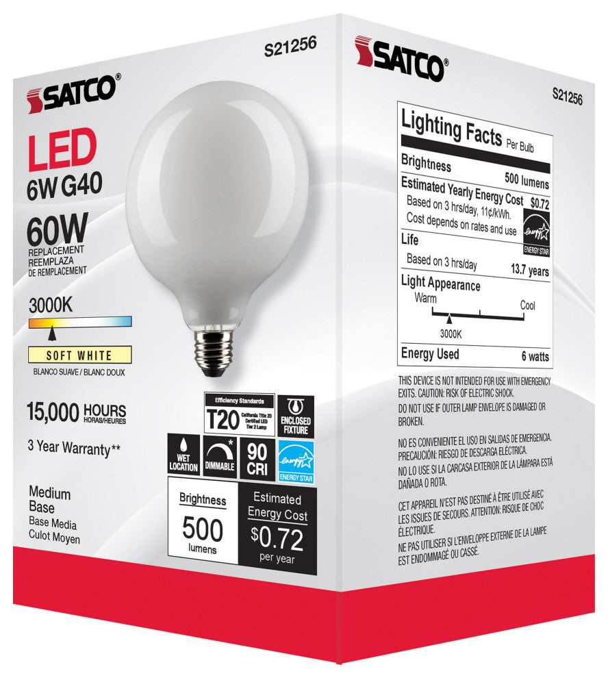6W G40 LED, White, Medium Base, 90 CRI, 3000K, 120V
