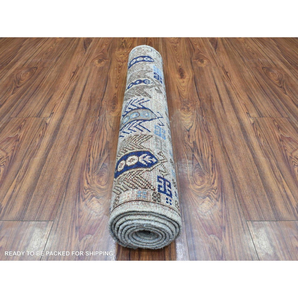 Light Gray, Hand Knotted Afghan Ersari Pure Wool Runner Rug, 2'10"x8'4"