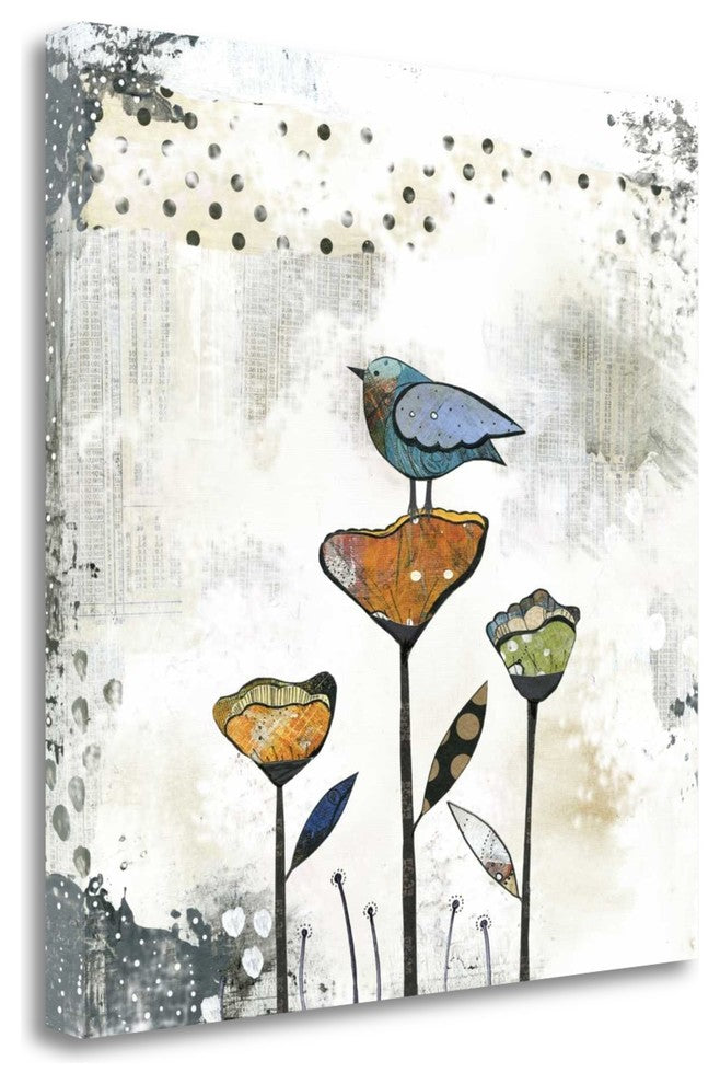"Bird On Three Flowers" By Sarah Ogren, Giclee Print on Gallery Wrap Canvas
