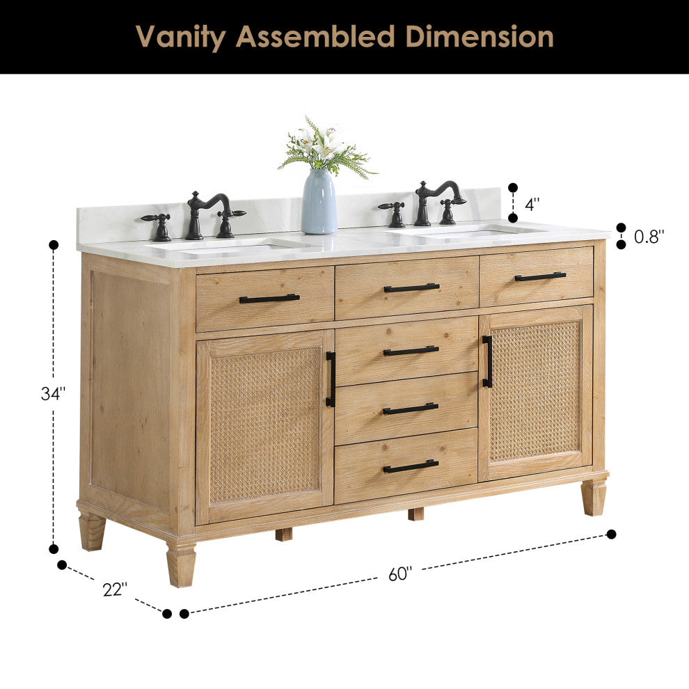 Solana Bathroom Vanity with Calacatta White Quartz Stone Countertop, Weathered Fir, 60", Without Mirror