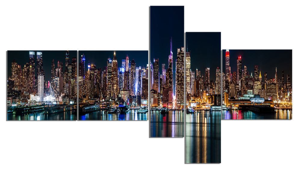 New York Midtown Night Panorama, Extra Large Canvas Art Print, 60"x32", 5 panels