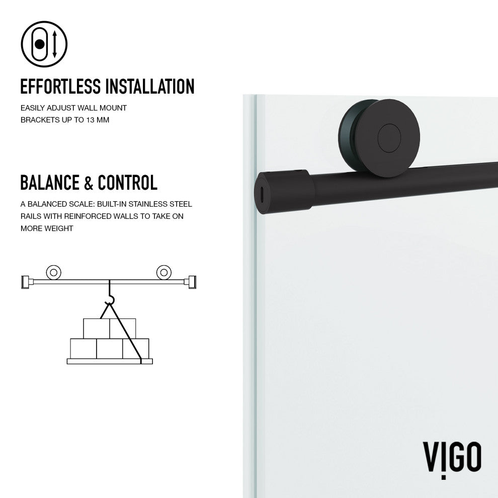 VIGO Elan Frameless Sliding Shower Door, V-Motion, Clear Glass, Stainless Steel, 68" to 72" W X 76" H