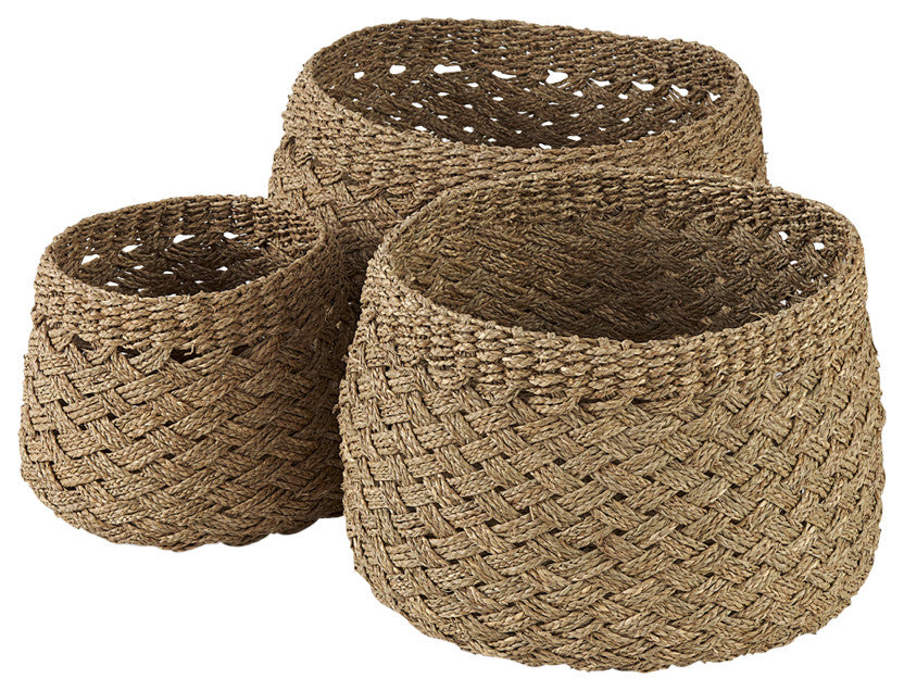 Jarek Medium Brown Seagrass Cross Weave Round Baskets, 3-Piece Set