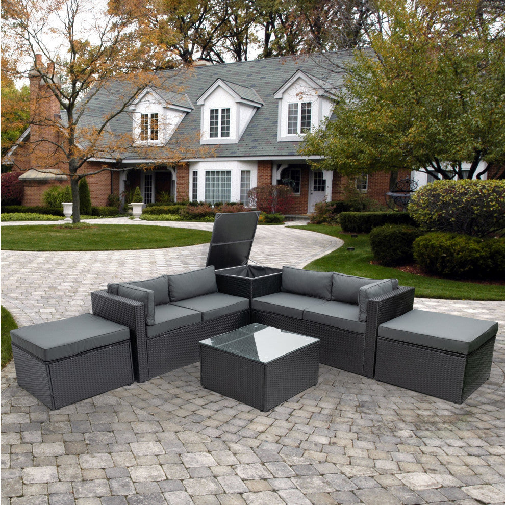 6-Pieces Outdoor Rattan Reversible Patio Sectional With Storage With Cushions